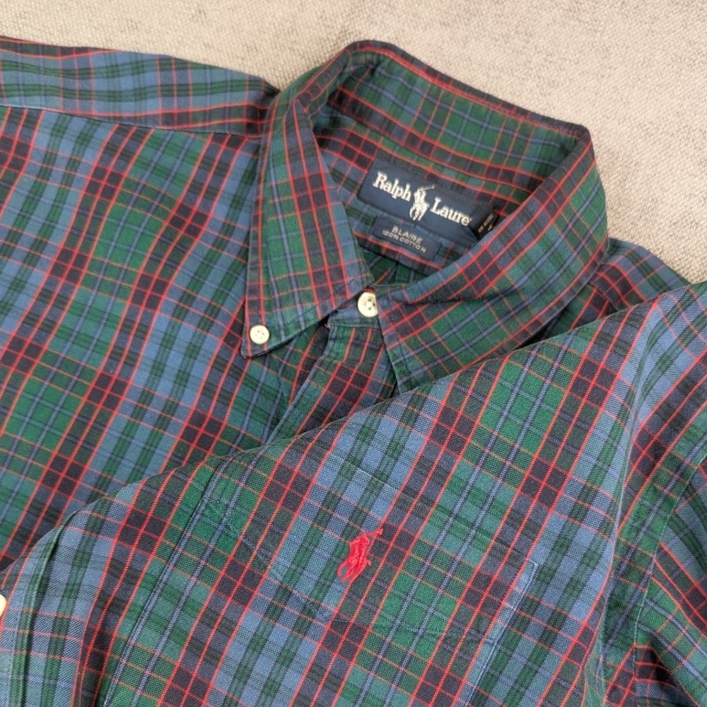 Polo Ralph Lauren Oxford Shirt Mens L Green Blue Plaid Blaire Button Down Pony
